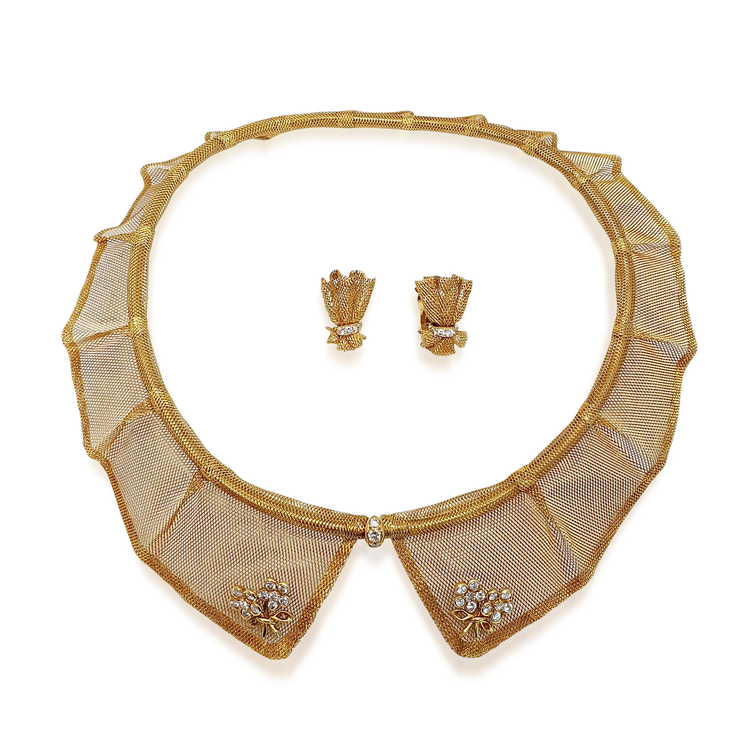 A Gold and Diamond Lace Necklace and Earrings, by Van Cleef